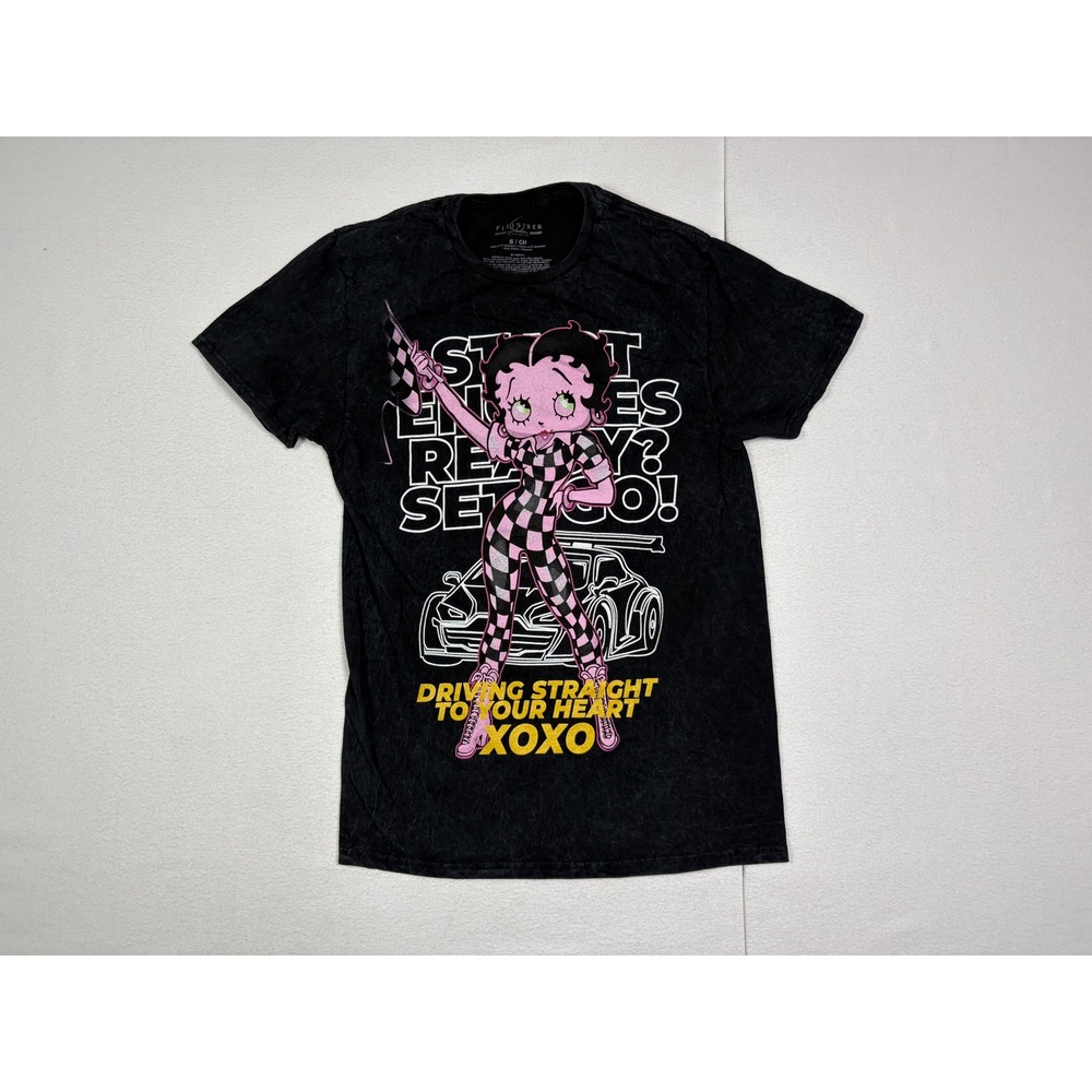 Betty Boop Racing Graphic T-Shirt Black Acid Wash Fleischer Studios Small S